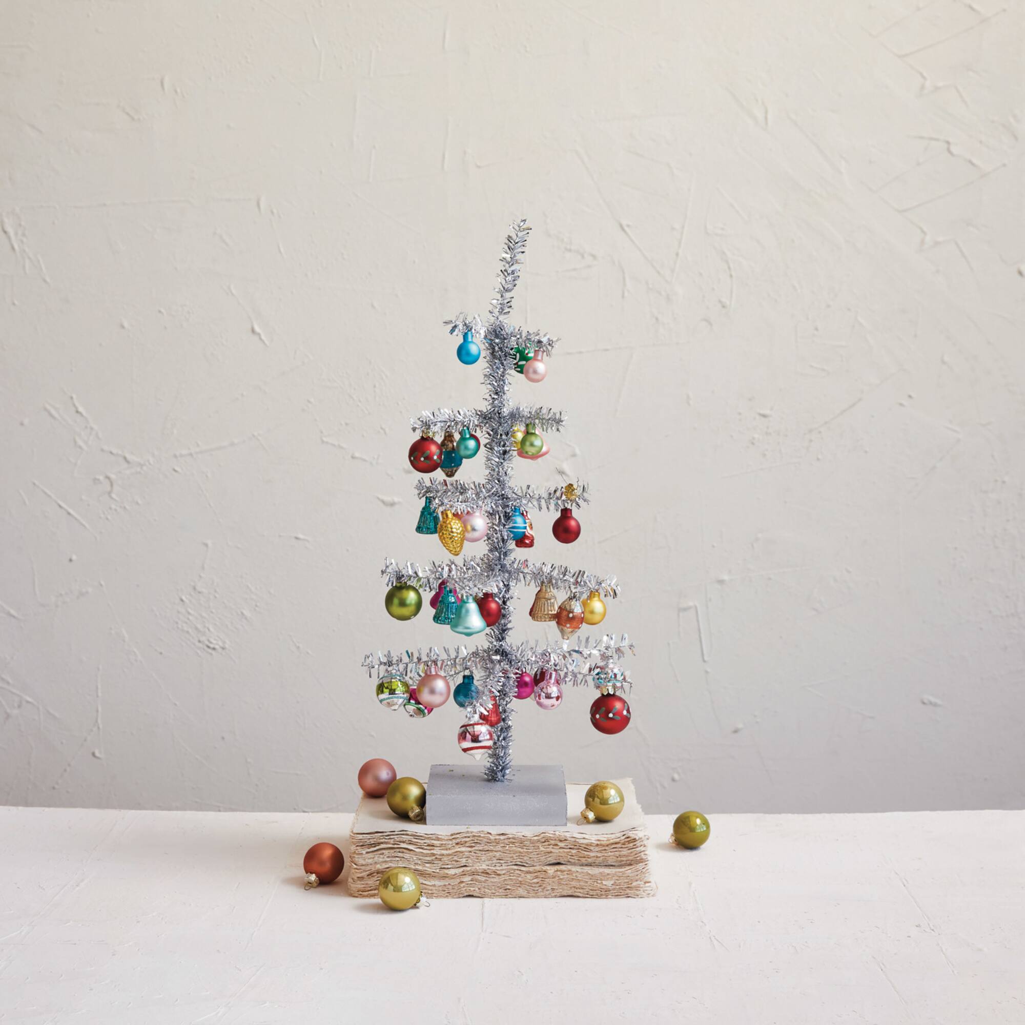 Hello Honey® 20" Silver Tinsel Tree with Glass Ornaments & Wood Base